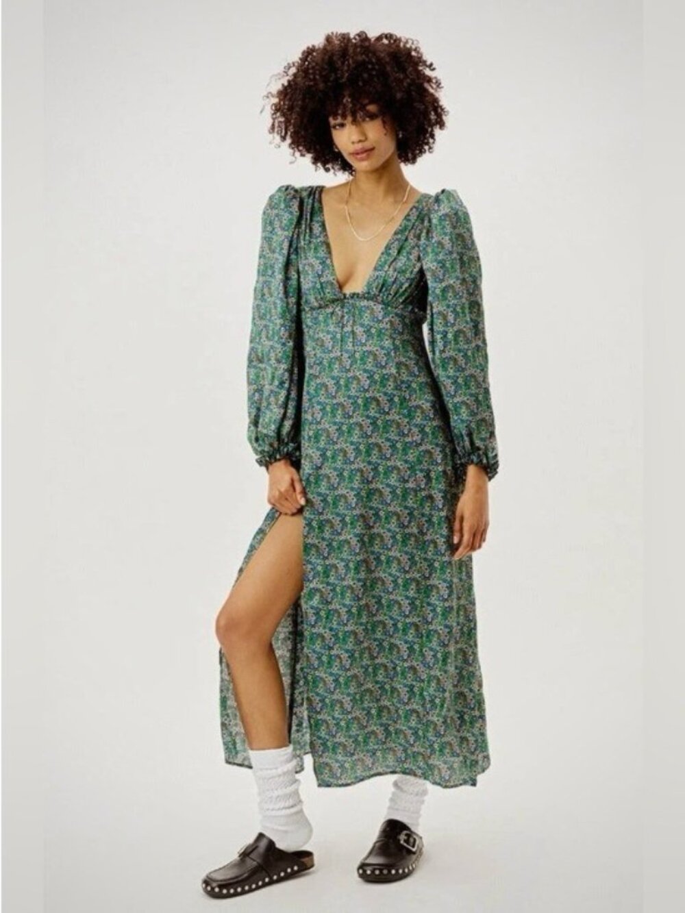 For Love And Lemons Floral Satin Maxi Dress Feminine Slit Bohemian Silky